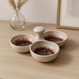 Handmade Studio Pottery Triple Bowl Dish – Abstract Glaze, Unique Serveware